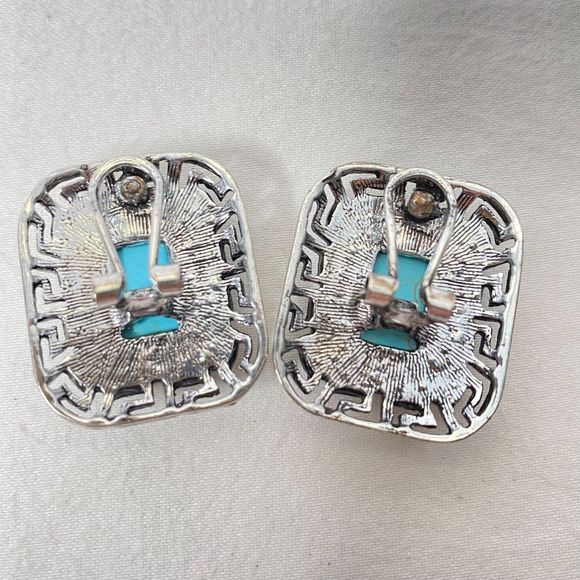 Southwest Style Earrings & Ring Faux Turquoise Stones Rhinestones Silver Frame - Picture 8 of 15